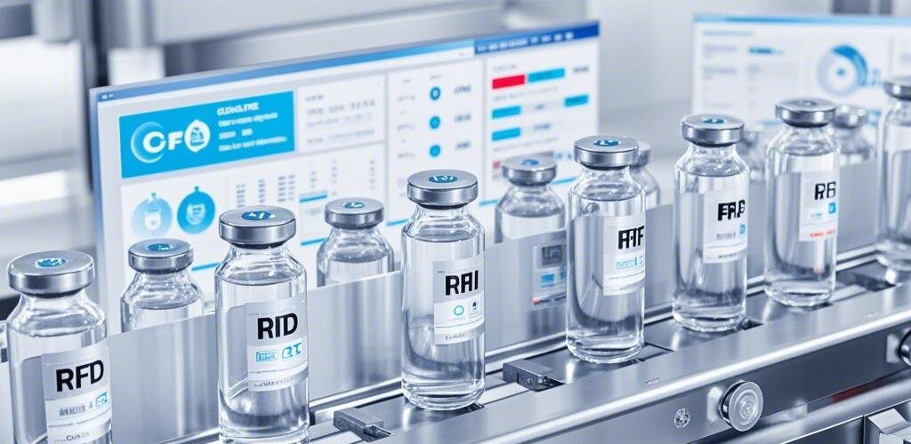 RFID-tagged pill bottles on a production conveyor belt